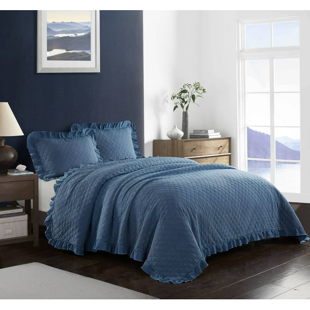 KING Blue Modern Farmhouse Bed Acid Wash Ruffle 3 Piece Quilt Set Bedding 